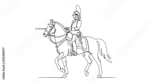 Photos Equestrian Soldier in Uniform with Sword and Lance, Line Art Drawing
