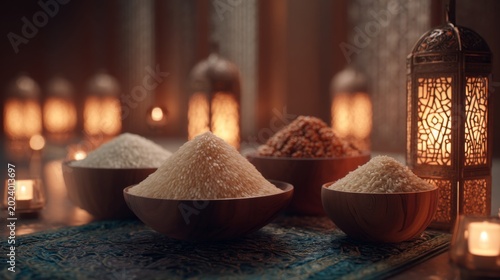 Elegant Display of Variety of Rice Grains in Bowls with Soft Ambient Lighting Creating a Warm and Inviting Atmosphere for Culinary Inspiration