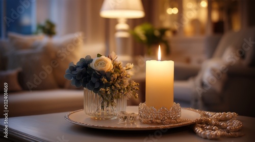 Elegant Evening Setup with Candle, Floral Arrangement, and Jewelry Accents in Cozy Living Room Atmosphere
