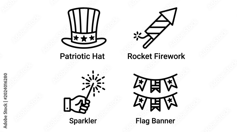 Fototapeta premium 4th of July icons, patriotic hat, rocket firework, sparkler, flag banner