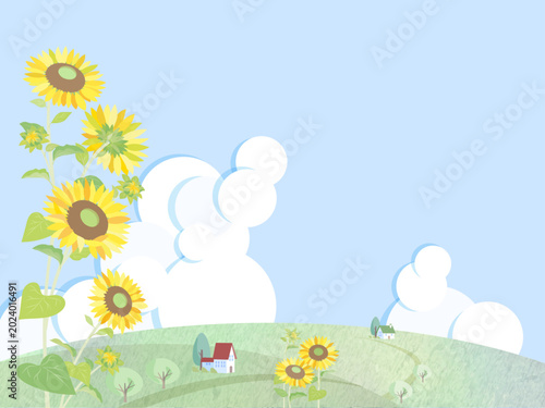 晴れた夏の空とヒマワリの背景イラスト