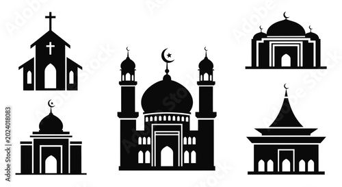 Foto Religious Building Icons: Mosque, Church, Temple Silhouettes