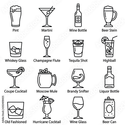Set of 16 alcohol beverage and glassware line icons
