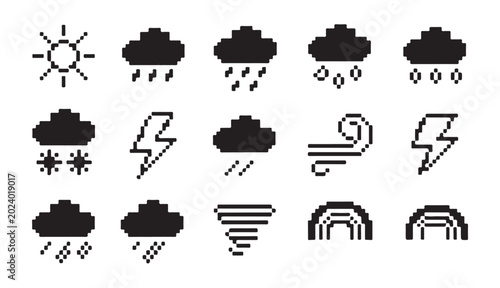 Tableau sur toile Set of pixel art weather icons depicting storm rain clouds wind rainbow and snowy conditions