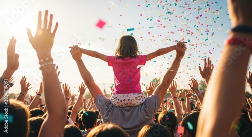 Joyful Little Girl on Father's Shoulders Celebrating at Outdoor Music Festival with Colorful Confetti