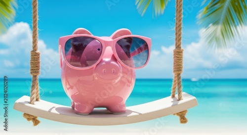 Pink Piggy Bank Wearing Sunglasses on a Beach Swing - Concept for Travel Savings and Vacation Budgeting