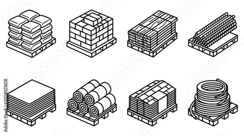 Isometric set of various construction and warehouse materials, including bricks, lumber, sacks, and rolls, packed on wooden pallets, isolated white background.