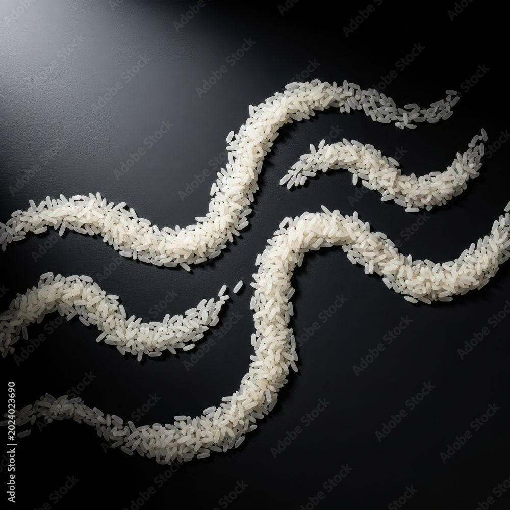 Fototapeta premium Minimalist composition featuring white uncooked rice grains meticulously arranged in elegant flowing lines and abstract curves on a dark surface, dry, graphic, cooking