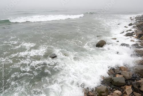 Waves crashing onto the shore on a foggy day