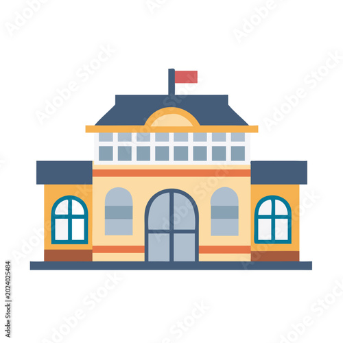 Colorful Flat Illustration of a Town Hall Building with a Red Flag