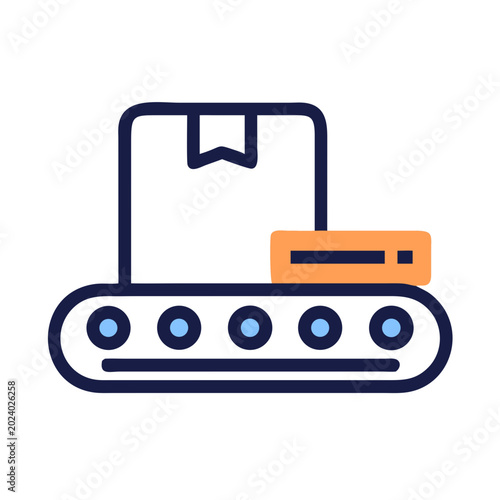Isolated conveyor belt illustration with package box and sensor device on a black background
