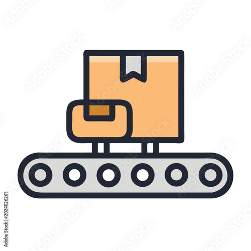 Boxes on conveyor belt illustrate shipping and logistics in simple icon style