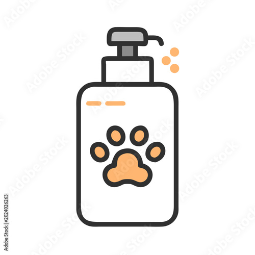 Stylized pet shampoo bottle with paw print and dispensing pump icon design