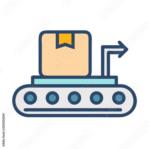 A box on a conveyor belt moving towards the right, conveying logistics or delivery process