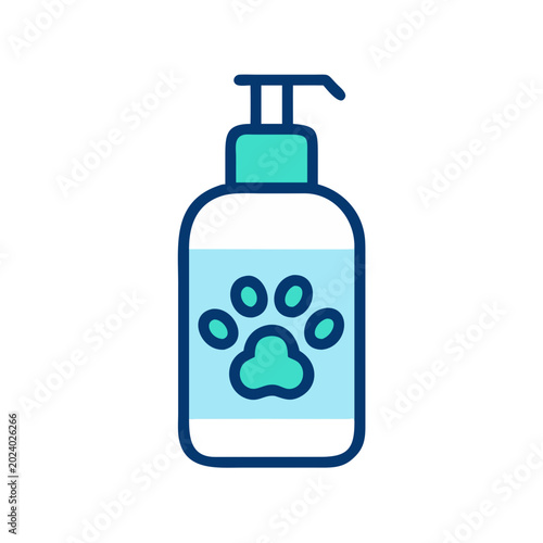 Vector graphic of pet shampoo bottle with paw print label, isolated on black