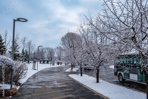 Snow Scenery of Hailong Lake Scenic Area in Meihekou, Jilin Province, China – Urban Ecological Park and Lakeside Landscape Covered in Late Spring Snow – April 4, 2026