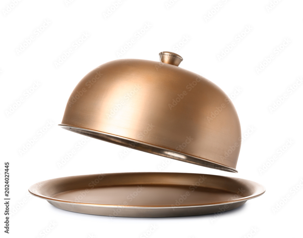 Fototapeta premium Metal tray with open cloche on white background