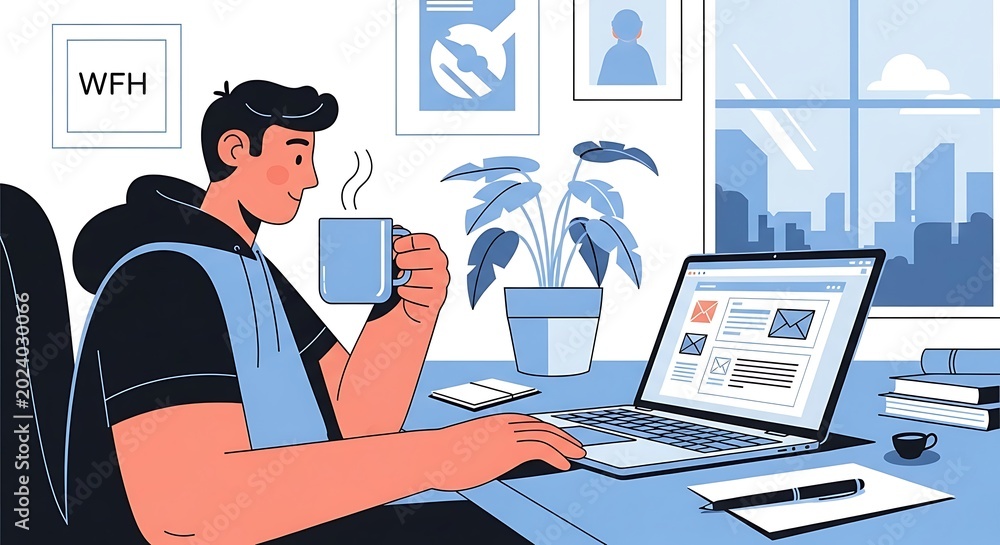 Fototapeta premium Man working from home on laptop.