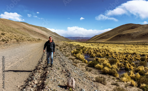 Male traveler walking on a remote dirt road next to a high-altitude wetland vega in the Andean Puna.
