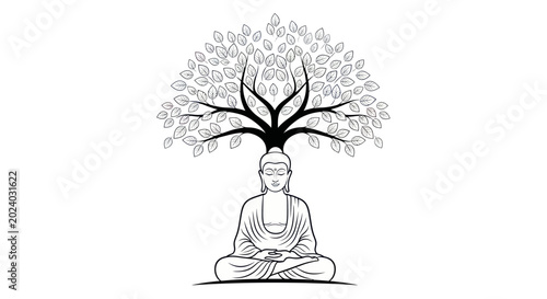 Tableau sur toile Buddha meditating under a tree silhouette, zen, spiritual, enlightenment, peace