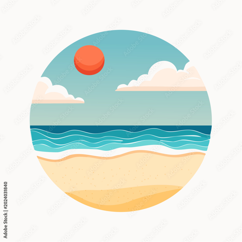 Obraz premium Stylized Beach Scene with Sun and Clouds