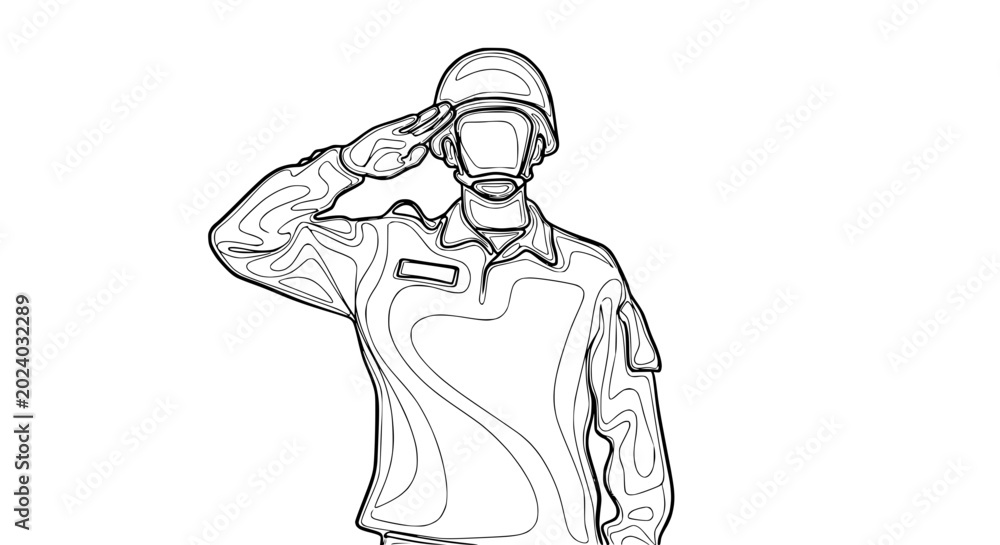 Naklejka premium Soldier Saluting in Uniform, Military Line Art Illustration