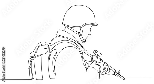 Foto Continuous Line Drawing of Soldier with Rifle, Military Concept Art