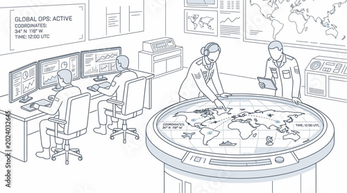 Illustration of a team collaborating on a large world map in a high-tech control room with screens and computers.
