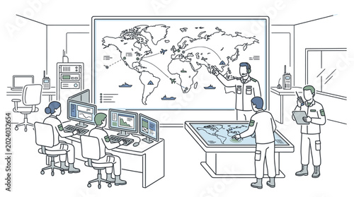 Line drawing of four technicians working together in a control room with a large world map and computer screens.