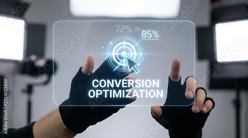 Hands touching a futuristic holographic screen displaying conversion optimization goals.