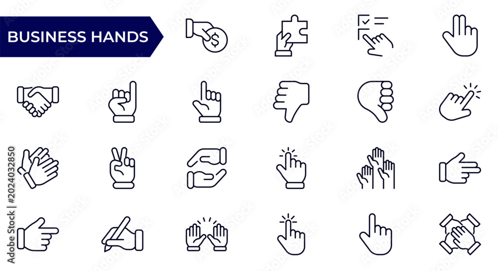 Fototapeta premium Business Hands Line Icon Set for Handshake, Partnership, Agreement, Teamwork, Trust and Corporate Collaboration Outline Vector Collection