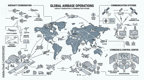 Infographic illustration of global airbase operations with various aircraft, maps, and communication systems on a white background with grey tones.