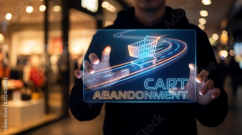 Man holding futuristic tablet displaying cart abandonment concept with shopping cart graphic.