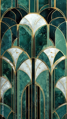 Elegant art deco abstract background with emerald green panels and gold trim. Symmetrical luxury design inspired by the Great Gatsby era for premium invitations.