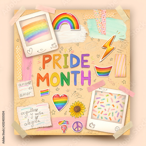 A vibrant, colorful collage celebrating Pride Month with rainbows, stickers, and handwritten messages of love and joy. Pride month poster ready to post in social media.