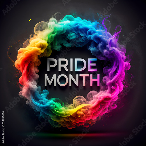 Vibrant rainbow-colored smoke forms a circular frame around the words 'PRIDE MONTH' on a dark, smoky background, symbolizing LGBTQ+ celebration. Pride month poster ready to post in social media.