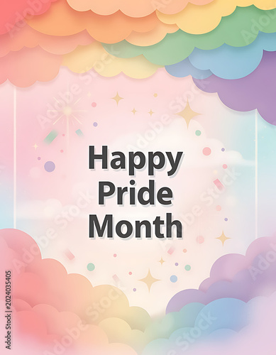 A vibrant and celebratory image wishing 'Happy Pride Month' with a border of pastel rainbow clouds and sparkling background. Pride month poster ready to be post in social media.