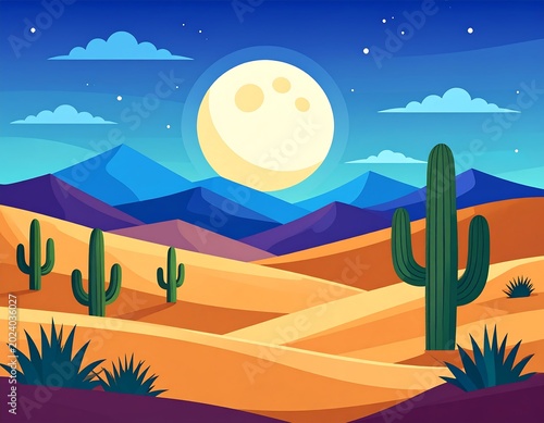 Desert night landscape with cacti and moon