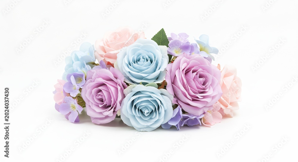 Fototapeta premium Soft studio light illuminates a delicate pastel rose bouquet and tiny hydrangeas offering serene beauty