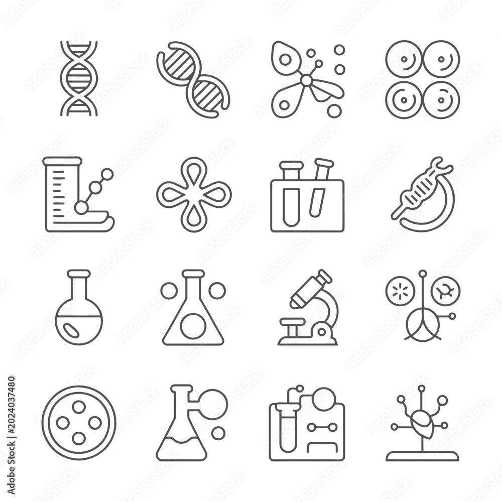 Fototapeta premium Science icons set including dna microscope test tubes beaker petri dish laboratory equipment on white background for biology chemistry and research concepts