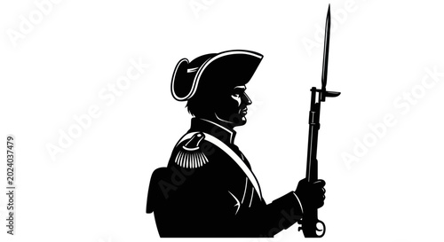 Canvas-taulu Silhouette of a Revolutionary War soldier holding a musket with bayonet, black and white