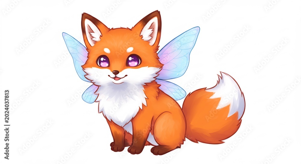 Fototapeta premium Sweet fox character with delicate butterfly wings brightly illuminated with a soft magical glow