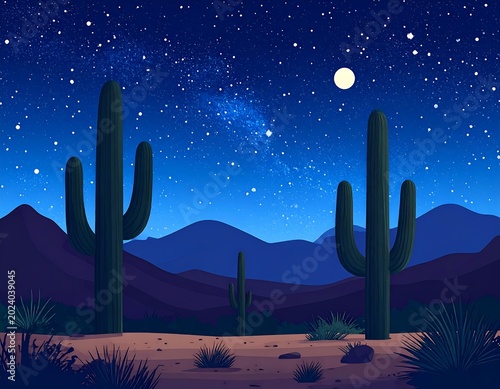 Desert night panorama under a starry sky