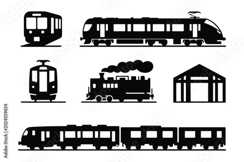 Vector set of trains and railway station icons with locomotive, transport
