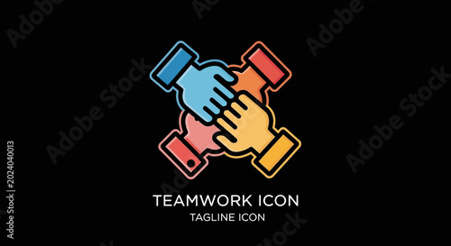 Teamwork icon featuring four colorful hands joined together representing unity and collaboration on a black background