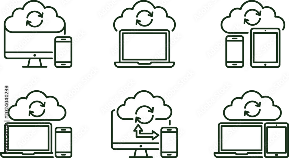 Obraz premium Silhouette icons of devices syncing with cloud storage