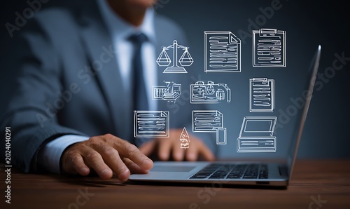 Legal advice business concept, lawyer consulting on business rules labor law and corporate regulations represented by attorney at law using virtual screen icons of justice law and policy compliance