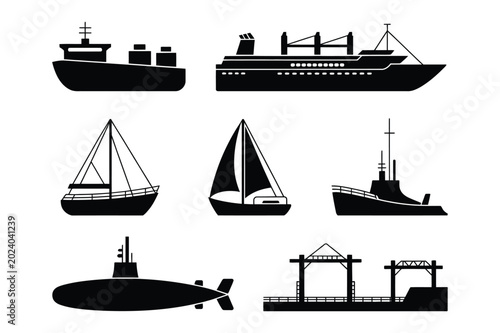 Fotografi Diverse watercraft and port infrastructure icons with watercraft, maritime