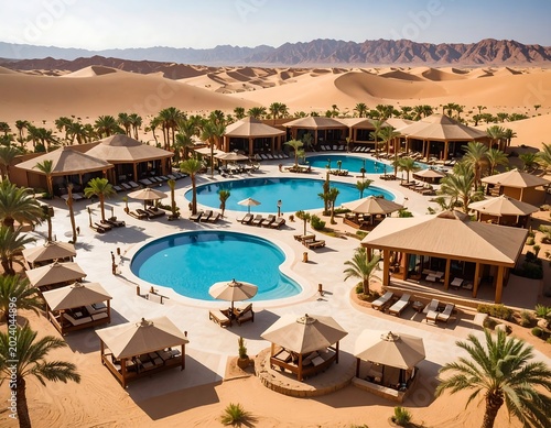 Desert resort complex with multiple pools and cabanas