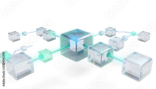 Blocks connect in a digital network with lines and nodes on a plain surface